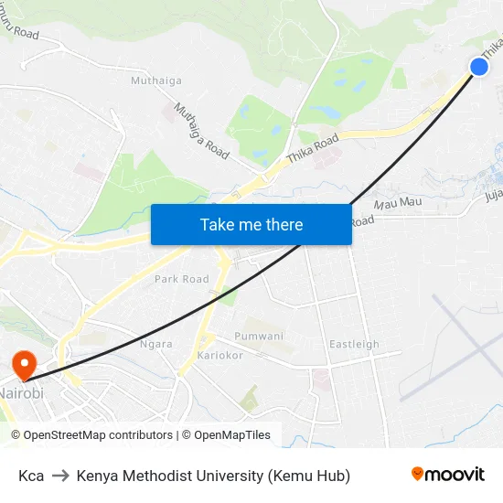 Kca to Kenya Methodist University (Kemu Hub) map