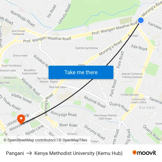 Pangani to Kenya Methodist University (Kemu Hub) map