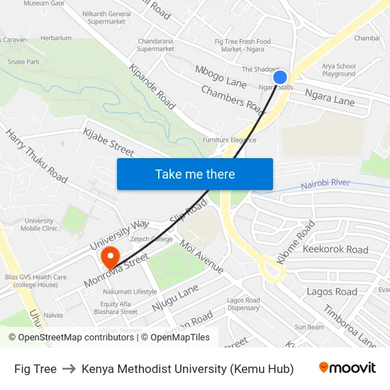 Fig Tree to Kenya Methodist University (Kemu Hub) map