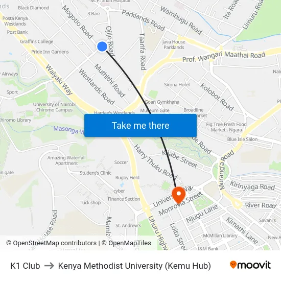 K1 Club to Kenya Methodist University (Kemu Hub) map