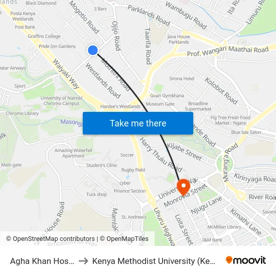 Agha Khan Hospital to Kenya Methodist University (Kemu Hub) map