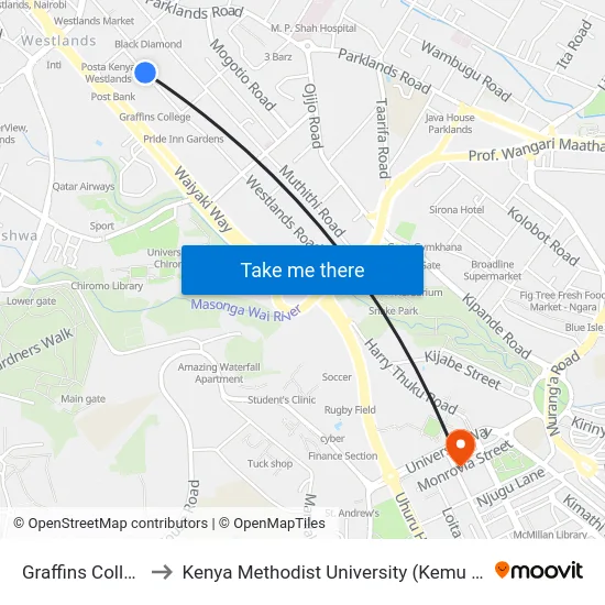Graffins College to Kenya Methodist University (Kemu Hub) map