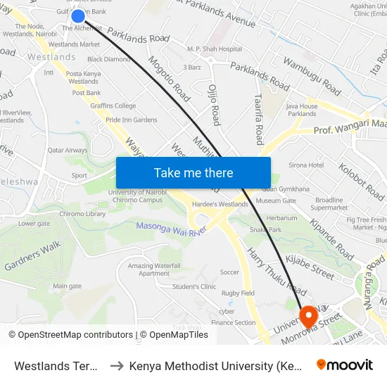 Westlands Terminal to Kenya Methodist University (Kemu Hub) map