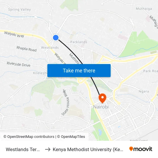 Westlands Terminal to Kenya Methodist University (Kemu Hub) map