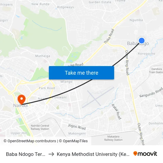 Baba Ndogo Terminal to Kenya Methodist University (Kemu Hub) map
