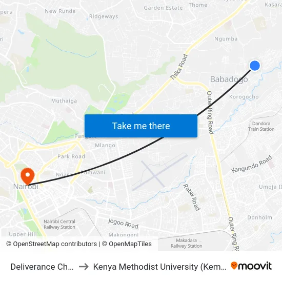 Deliverance Church to Kenya Methodist University (Kemu Hub) map
