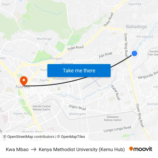 Kwa Mbao to Kenya Methodist University (Kemu Hub) map