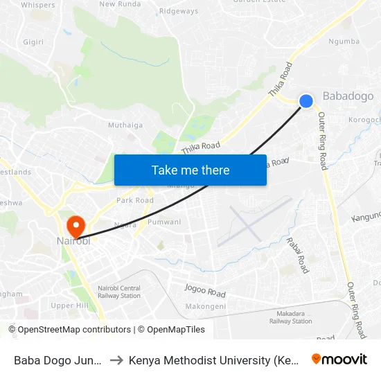 Baba Dogo Junction to Kenya Methodist University (Kemu Hub) map