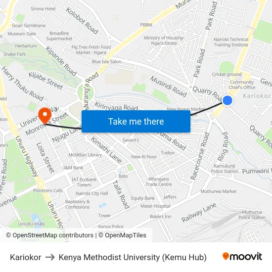 Kariokor to Kenya Methodist University (Kemu Hub) map