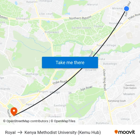 Royal to Kenya Methodist University (Kemu Hub) map