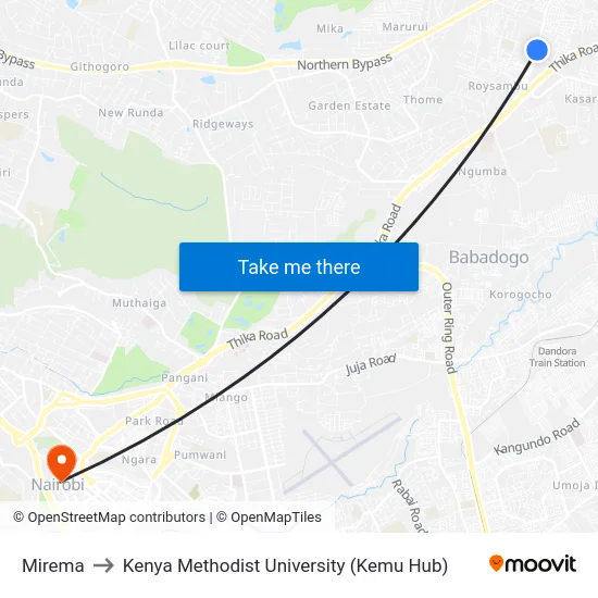 Mirema to Kenya Methodist University (Kemu Hub) map