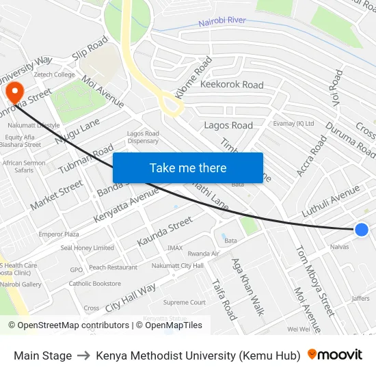 Main Stage to Kenya Methodist University (Kemu Hub) map