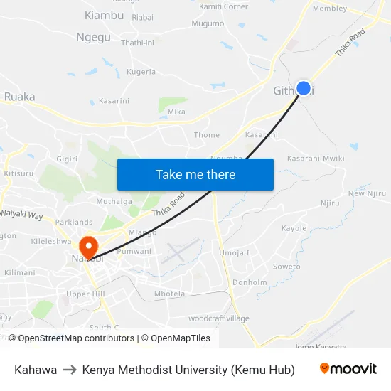 Kahawa to Kenya Methodist University (Kemu Hub) map