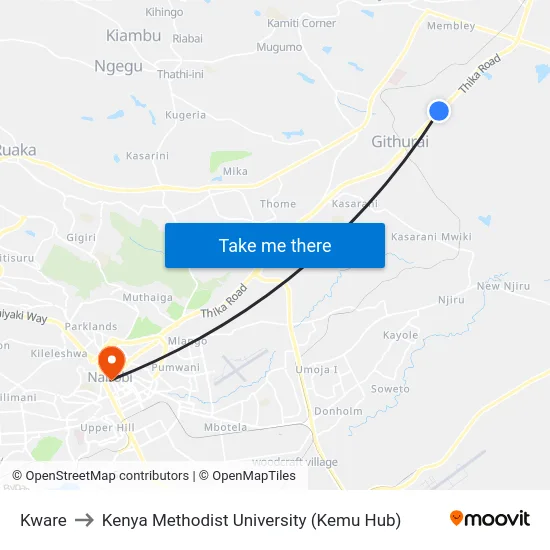 Kware to Kenya Methodist University (Kemu Hub) map
