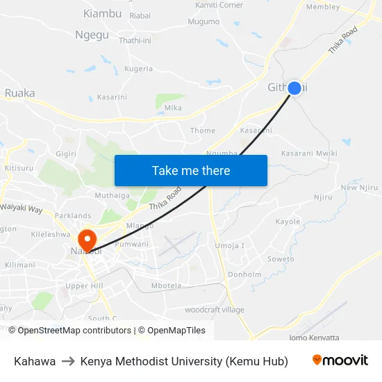 Kahawa to Kenya Methodist University (Kemu Hub) map