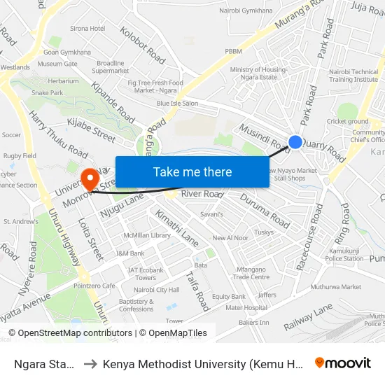 Ngara Stage to Kenya Methodist University (Kemu Hub) map