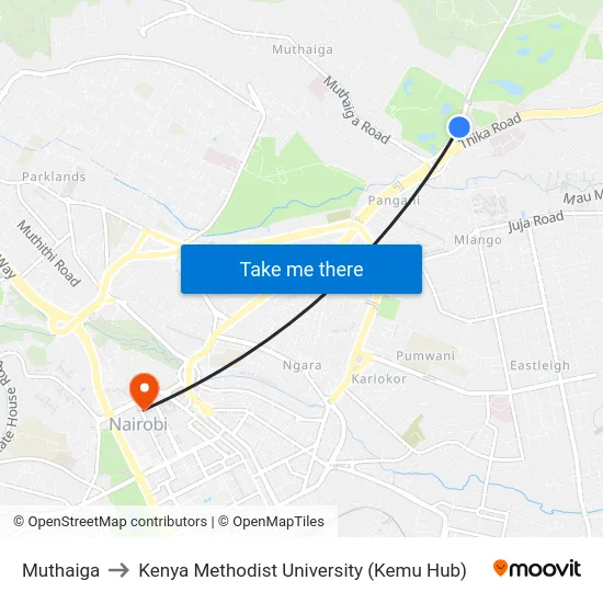Muthaiga to Kenya Methodist University (Kemu Hub) map