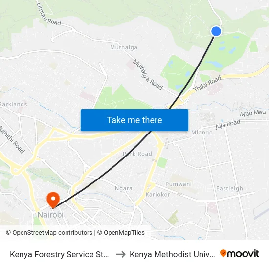 Kenya Forestry Service Station/Kfs Karura Gate to Kenya Methodist University (Kemu Hub) map