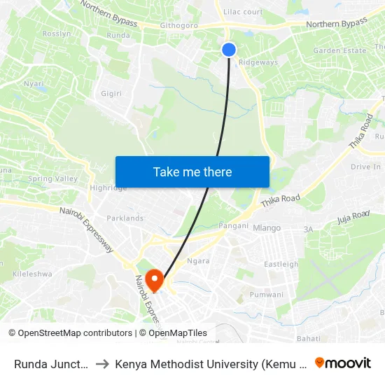 Runda Junction to Kenya Methodist University (Kemu Hub) map
