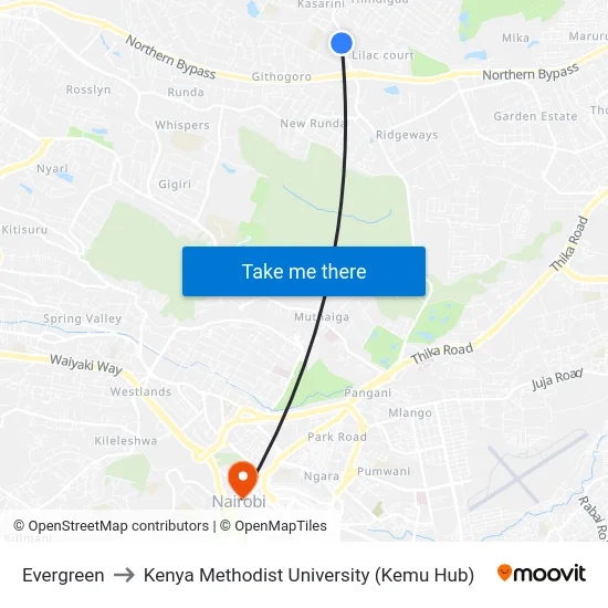 Evergreen to Kenya Methodist University (Kemu Hub) map