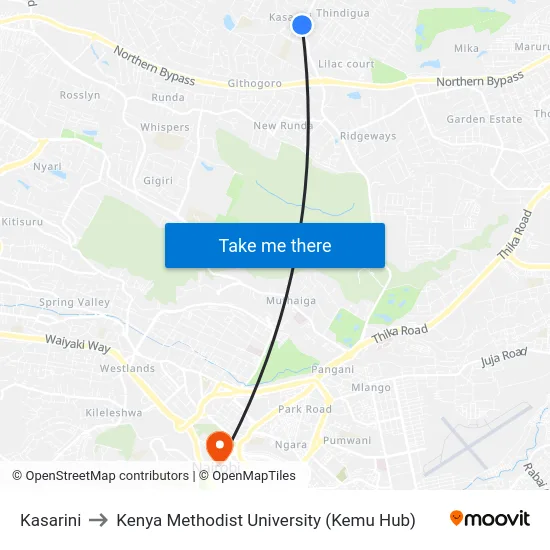 Kasarini to Kenya Methodist University (Kemu Hub) map