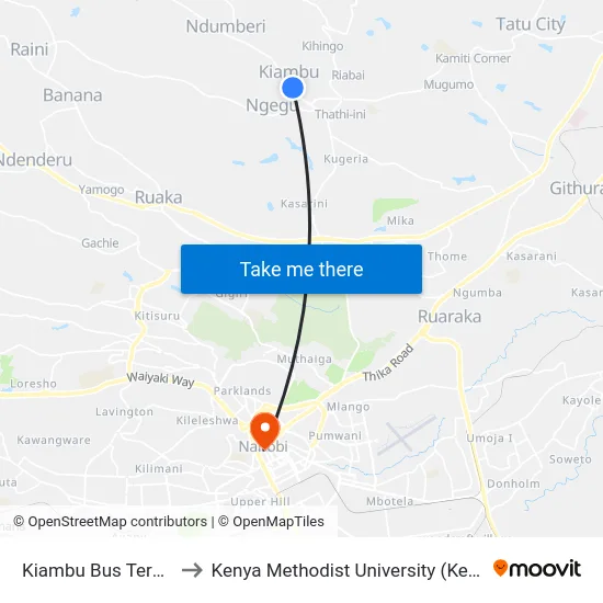 Kiambu Bus Terminus to Kenya Methodist University (Kemu Hub) map