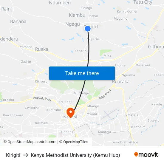 Kirigiti to Kenya Methodist University (Kemu Hub) map