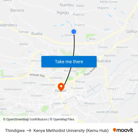 Thindigwa to Kenya Methodist University (Kemu Hub) map