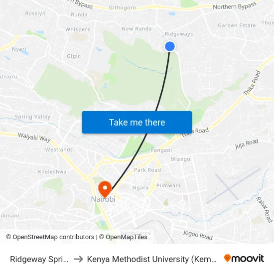 Ridgeway Springs to Kenya Methodist University (Kemu Hub) map