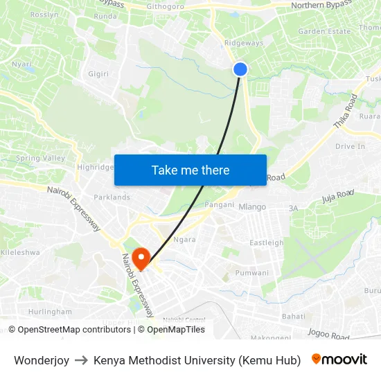 Wonderjoy to Kenya Methodist University (Kemu Hub) map