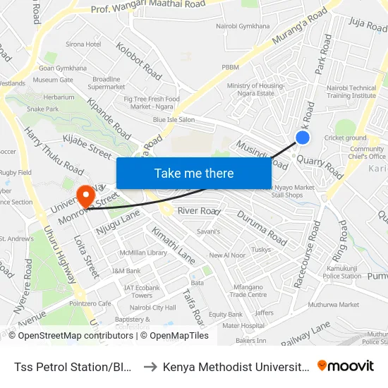 Tss Petrol Station/Blue Hut Hotel to Kenya Methodist University (Kemu Hub) map
