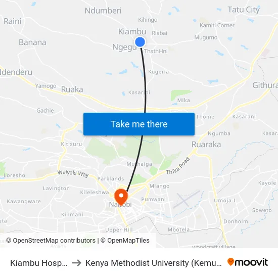 Kiambu Hospital to Kenya Methodist University (Kemu Hub) map