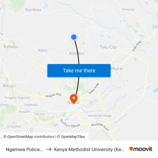 Ngemwa Police Post to Kenya Methodist University (Kemu Hub) map