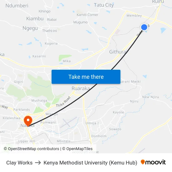 Clay Works to Kenya Methodist University (Kemu Hub) map