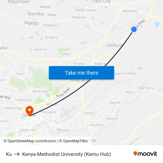 Ku to Kenya Methodist University (Kemu Hub) map