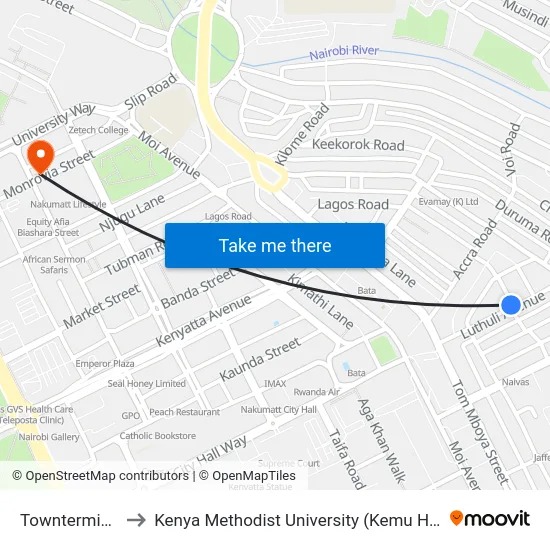 Townterminal to Kenya Methodist University (Kemu Hub) map