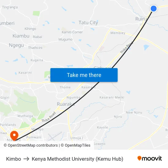 Kimbo to Kenya Methodist University (Kemu Hub) map