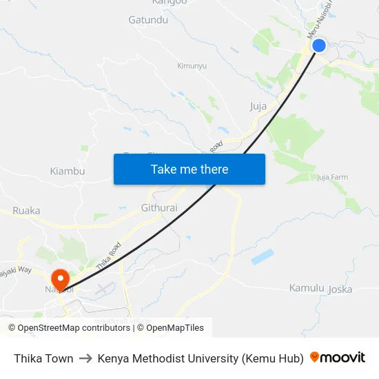 Thika Town to Kenya Methodist University (Kemu Hub) map