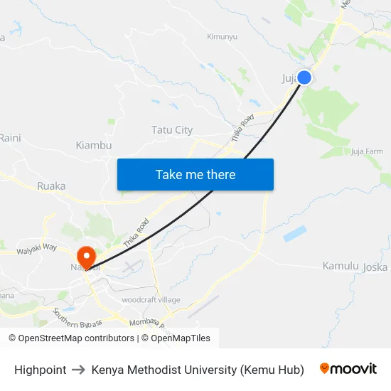 Highpoint to Kenya Methodist University (Kemu Hub) map