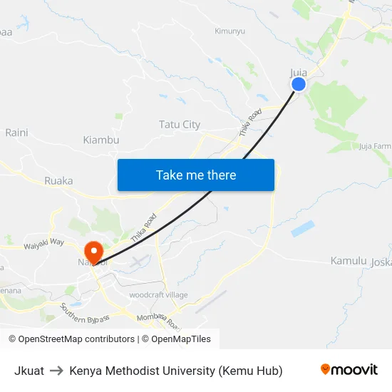 Jkuat to Kenya Methodist University (Kemu Hub) map