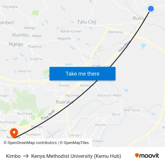 Kimbo to Kenya Methodist University (Kemu Hub) map