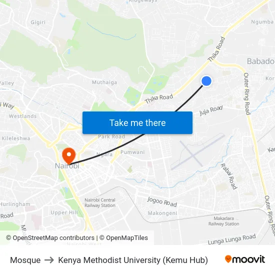 Mosque to Kenya Methodist University (Kemu Hub) map