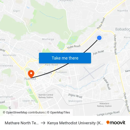 Mathare North Terminal to Kenya Methodist University (Kemu Hub) map