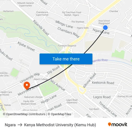 Ngara to Kenya Methodist University (Kemu Hub) map
