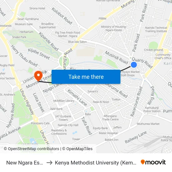 New Ngara Estate to Kenya Methodist University (Kemu Hub) map