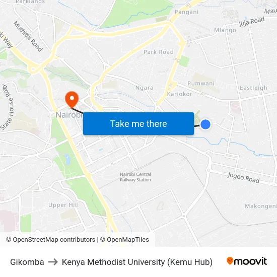 Gikomba to Kenya Methodist University (Kemu Hub) map