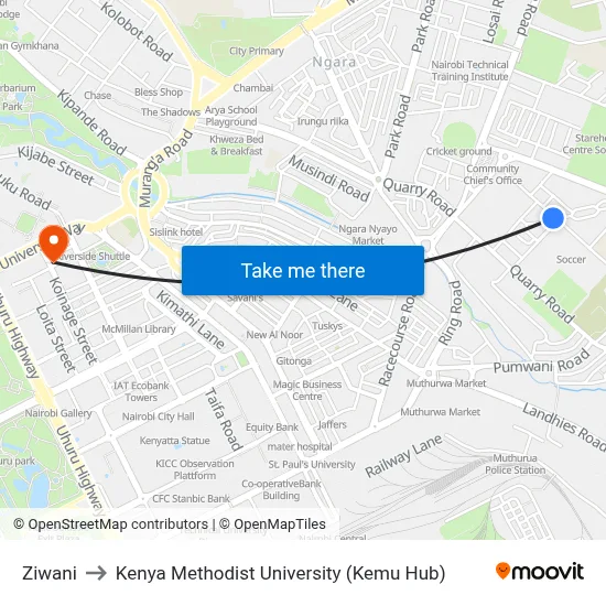 Ziwani to Kenya Methodist University (Kemu Hub) map