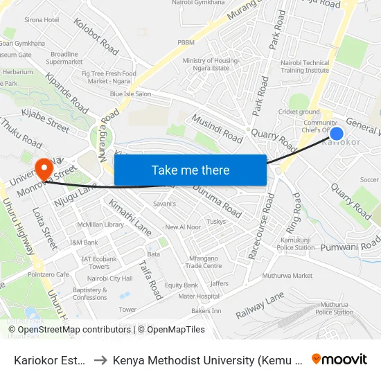 Kariokor Estate to Kenya Methodist University (Kemu Hub) map