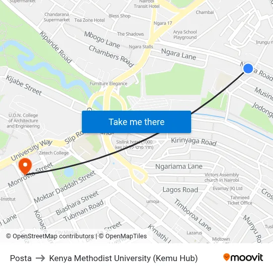 Posta to Kenya Methodist University (Kemu Hub) map