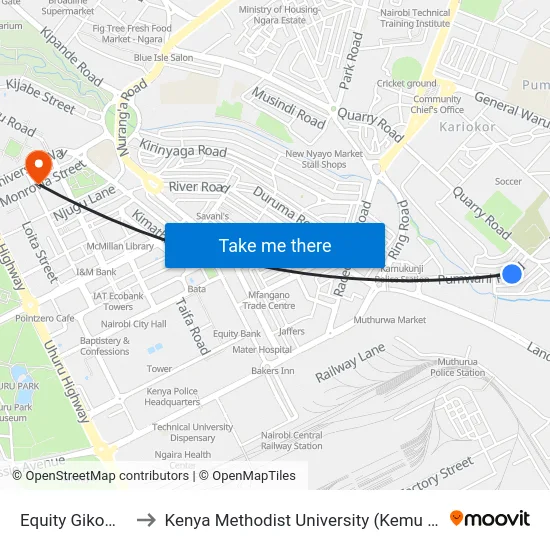 Equity Gikomba to Kenya Methodist University (Kemu Hub) map